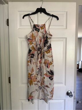Wish Floral Tie-Waist Midi Dress in Cream with Pink, Mustard, and Black